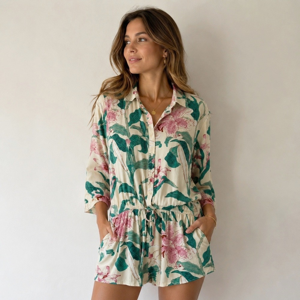 Ann Taylor Factory Romper Women 16 Cream Green Pink Tropical Resort Coastal